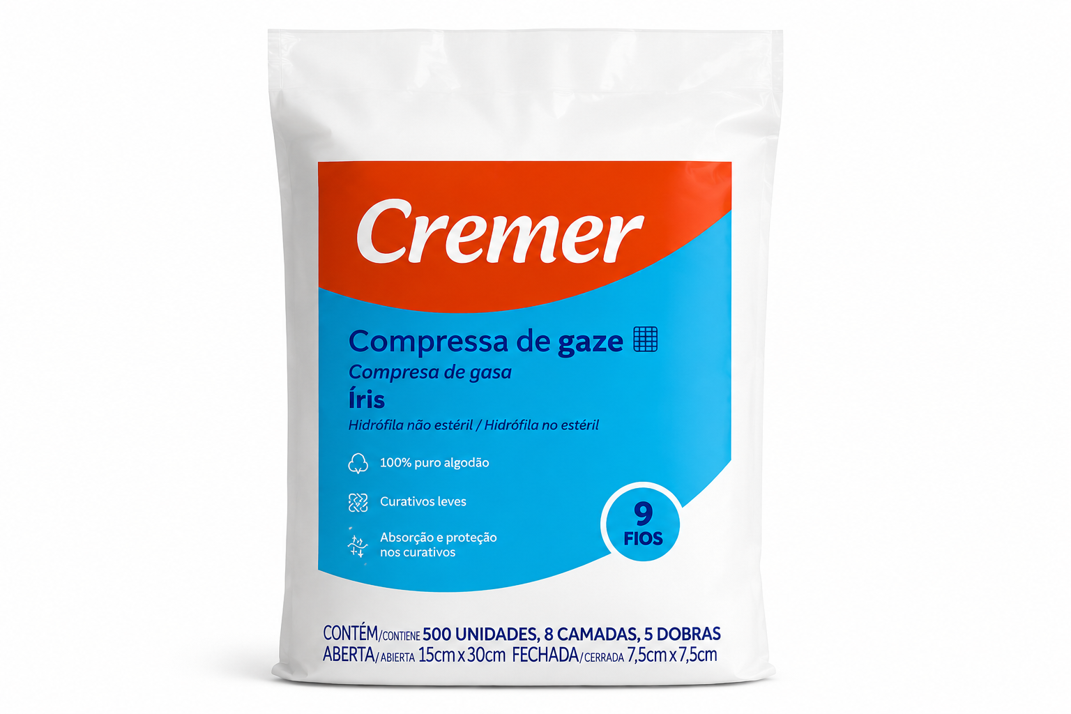 Compressa de Gaze Cremer Íris 7,5 x 7,5 cm – 9 Fios – Pacote com 500 Unidades